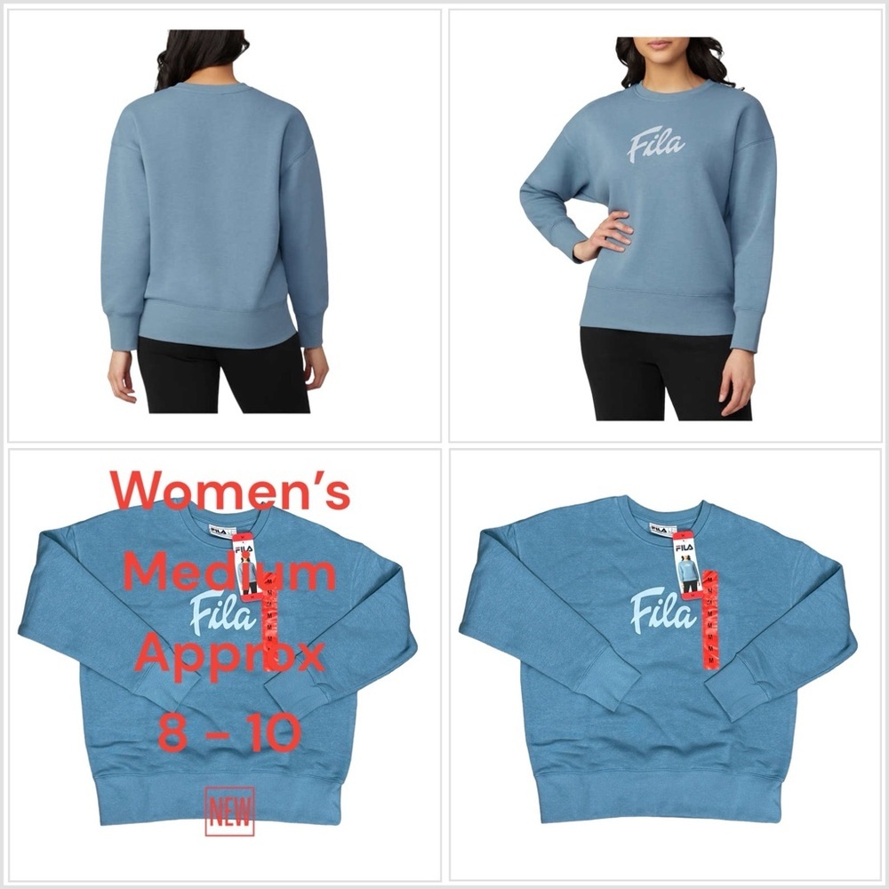 Women's Fila Medium 8 - 10 Blue Fleece Sweatshirt Logo Crew Pullover Long Sleeve